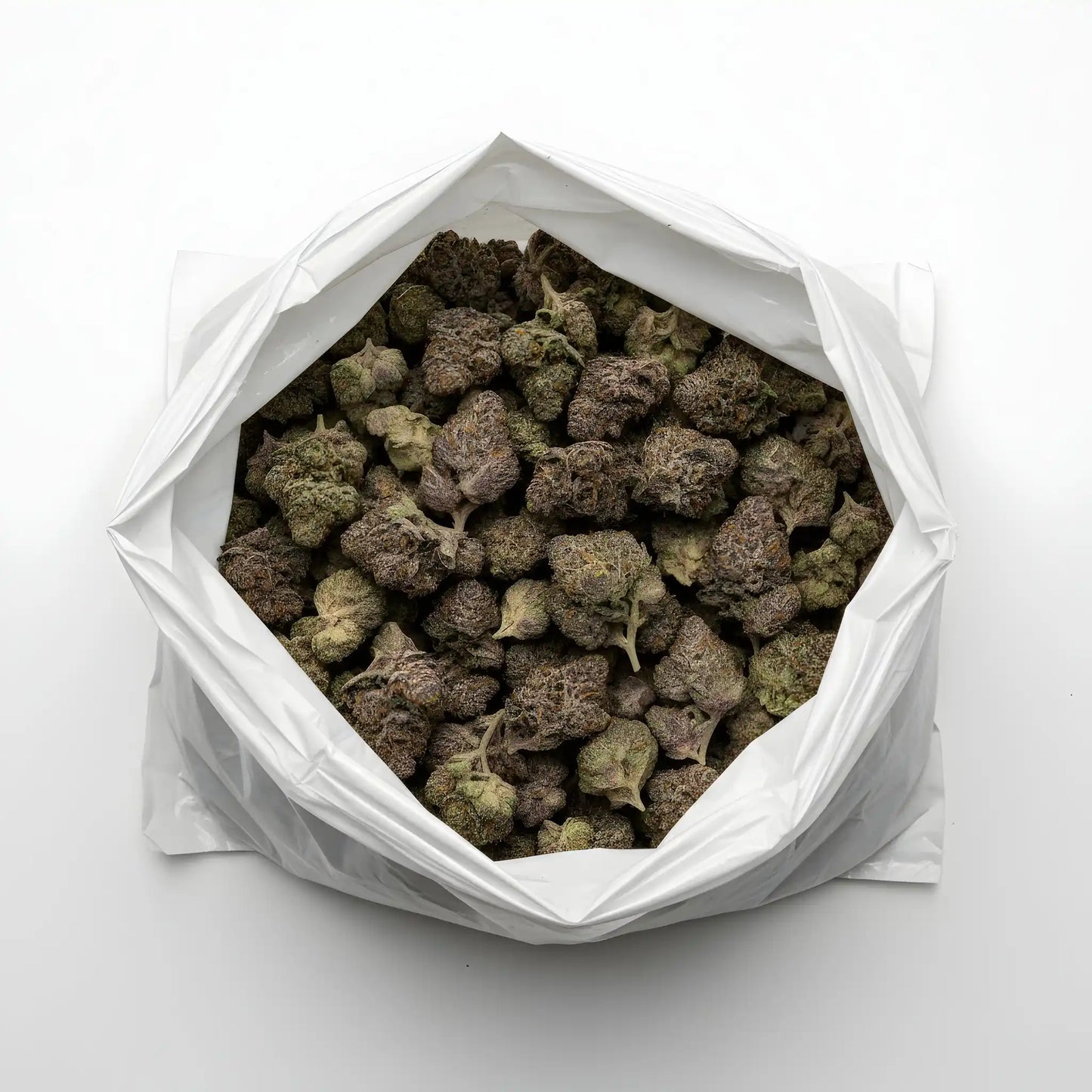 Wholesale photo of Texas Pound Cake THCA hemp flower indica AAA grade, bulk display of dense purple green buds coated in white trichomes, 32 percent THCA, Sunset Sherbet lineage