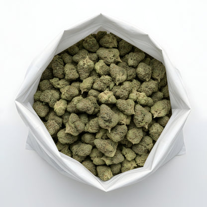 Wholesale photo of Cream Cake THCA hemp flower indica AA grade, bulk display of dense frosty buds with 26 percent THCA and dessert terpene profile