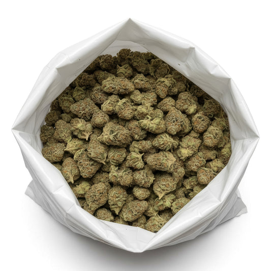 Wholesale photo of Divinity THCA hemp flower AAA grade indica dominant hybrid, bulk display of dense frosty buds coated in thick trichomes, 25 percent THCA, Gelato 41 x Divine Kush lineage