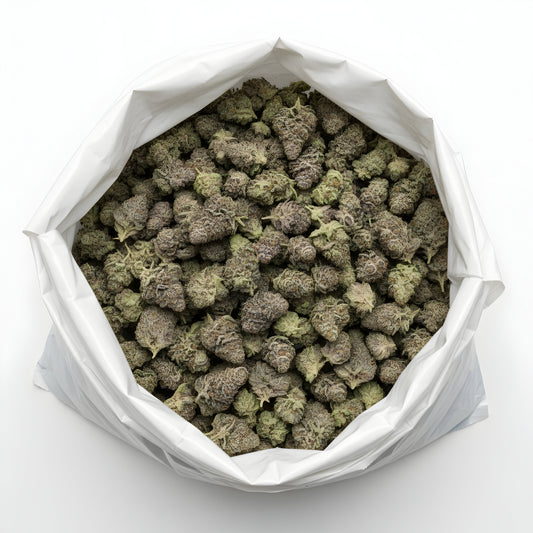 Wholesale photo of Oreoz Blizzard THCA hemp flower indica dominant AAA grade, bulk display of dense purple buds covered in white crystal trichomes