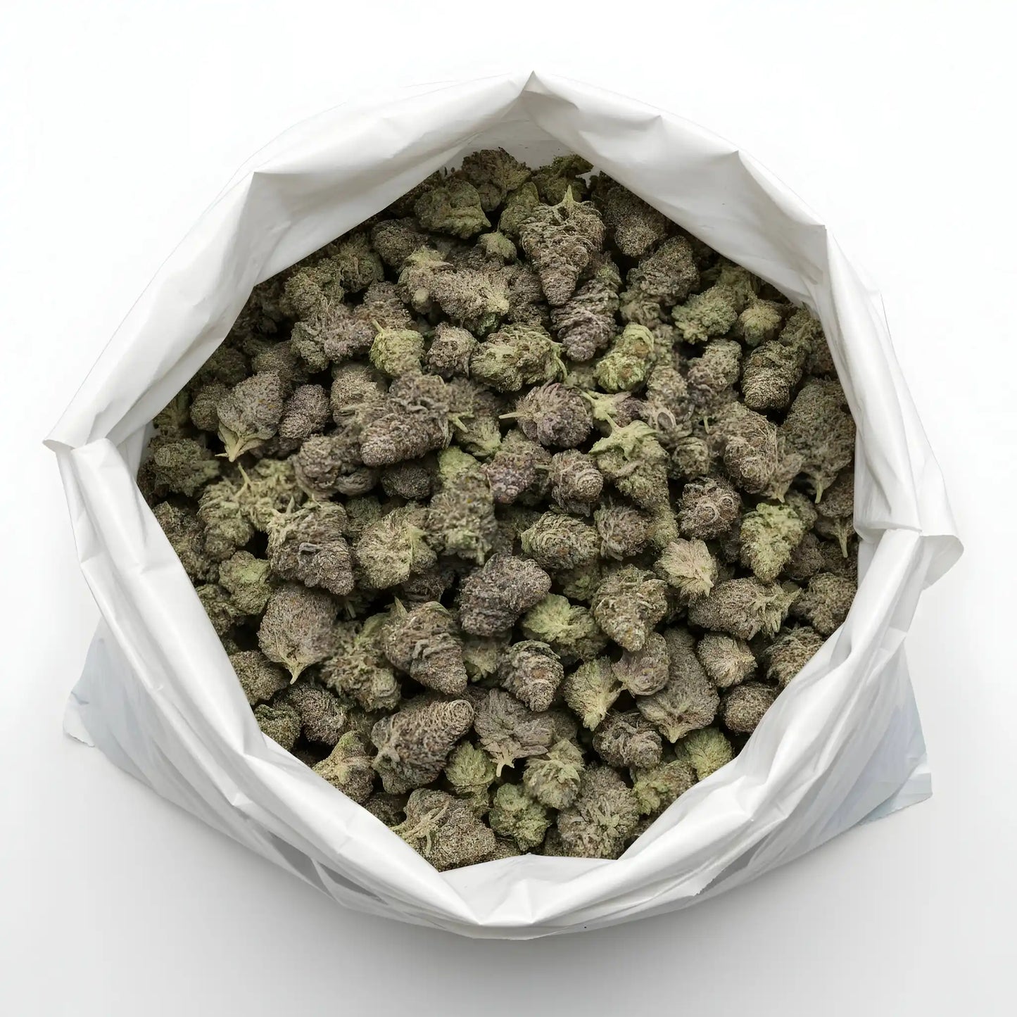 Wholesale photo of Oreoz Blizzard THCA hemp flower indica dominant AAA grade, bulk display of dense purple buds covered in white crystal trichomes | Hurcann