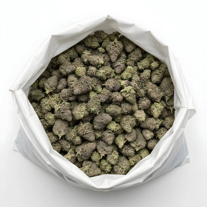 Wholesale photo of Oreoz Blizzard THCA hemp flower indica dominant AAA grade, bulk display of dense purple buds covered in white crystal trichomes | Hurcann