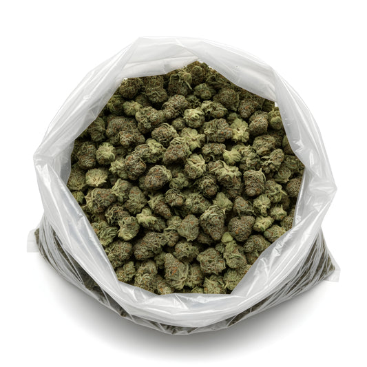 Wholesale photo of Oh La La THCA hemp flower hybrid AAA grade, bulk display of pastel pink violet and mint green buds coated in crystal trichomes, 31.5 percent THCA, Wedding Pie x Gelato 41 lineage