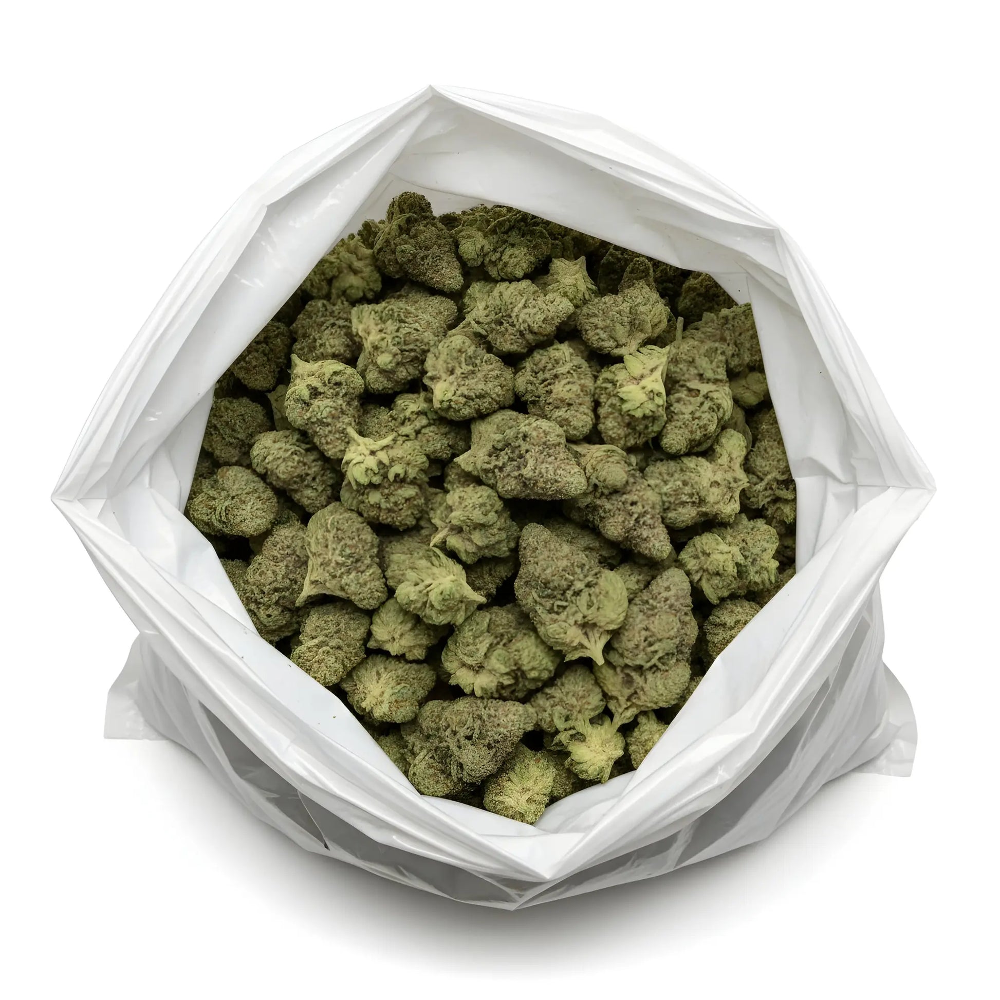 Wholesale photo of Gary Eyes THCA hemp flower indica dominant AA grade, bulk display of frosty green and purple buds | Hurcann