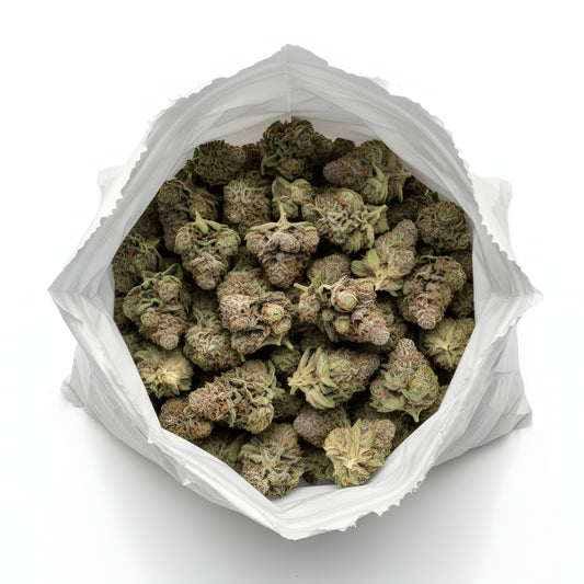 Wholesale photo of Strawberry Cherry THCA hemp flower hybrid AAA grade, bulk display of emerald green buds coated in trichomes, 28 percent THCA, Strawberry Cough x Cherry Pie lineage