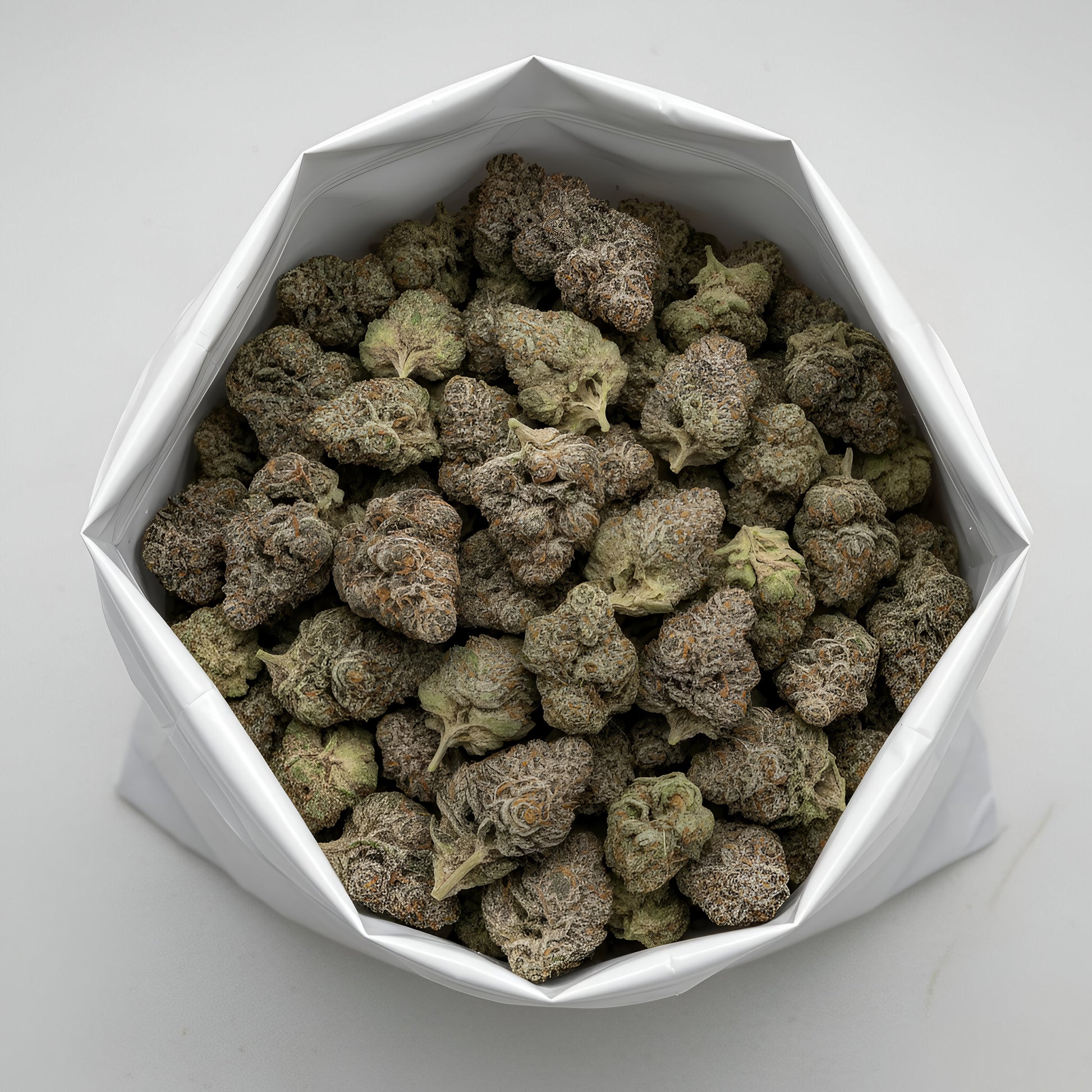 Wholesale photo of Ghosted THCA hemp flower hybrid AAA grade, bulk display of icy white and pale green buds coated in dense trichomes, 31 percent THCA, Ghost OG x Gelato 33 genetics