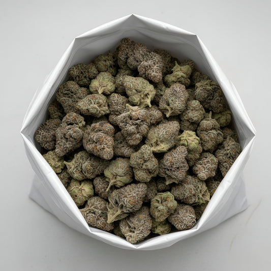 Wholesale photo of Ghosted THCA hemp flower hybrid AAA grade, bulk display of icy white and pale green buds coated in dense trichomes, 31 percent THCA, Ghost OG x Gelato 33 genetics