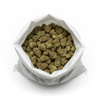 This strain showcases vibrant green buds accented by fiery orange pistils and a frosty trichome coat