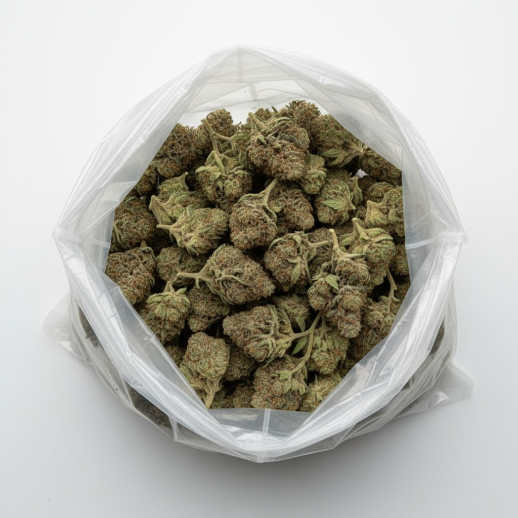 Moonblast buds are dark and shimmering, featuring deep purple hues and a thick layer of silver trichomes that glow under light.