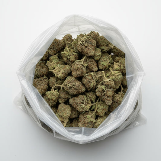 Moonblast buds are dark and shimmering, featuring deep purple hues and a thick layer of silver trichomes that glow under light.