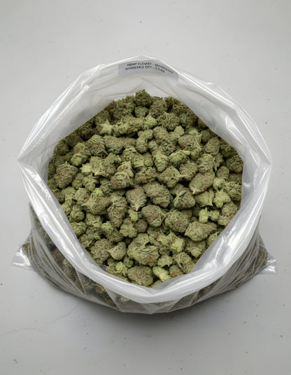 Wholesale photo of Sour Diesel THCA hemp flower hybrid AA grade, bulk display of frosty light green buds with 20 percent THCA