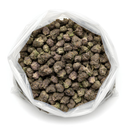 Wholesale photo of Grape Cherry Gelato THCA hemp flower hybrid AAA grade, bulk display of resin coated deep green buds with violet hues, 34 percent THCA, Grape Pie x Cherry Gelato lineage